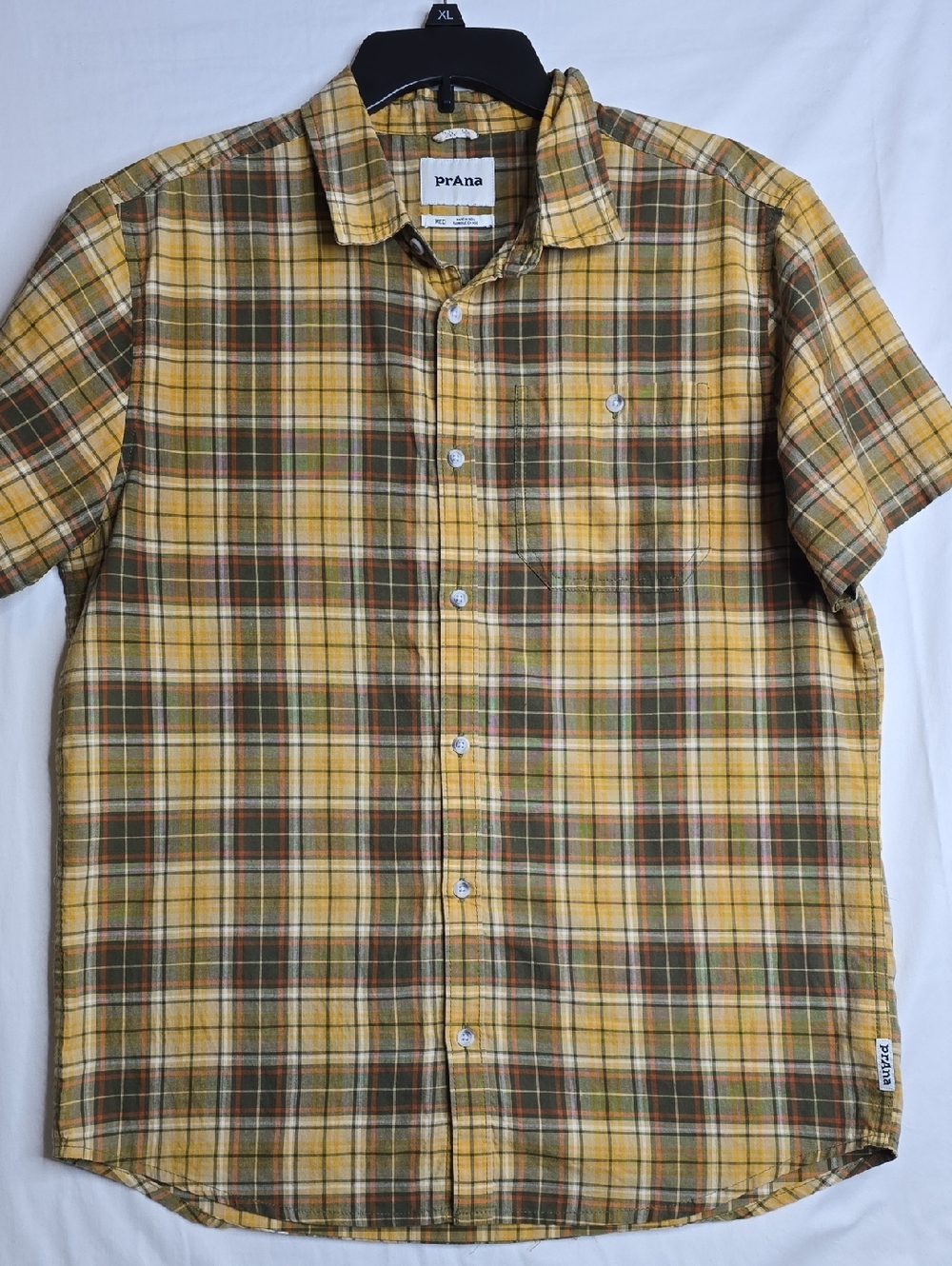 Prana Short Sleeve Button Up Brown Yellow Plaid Organic Cotton